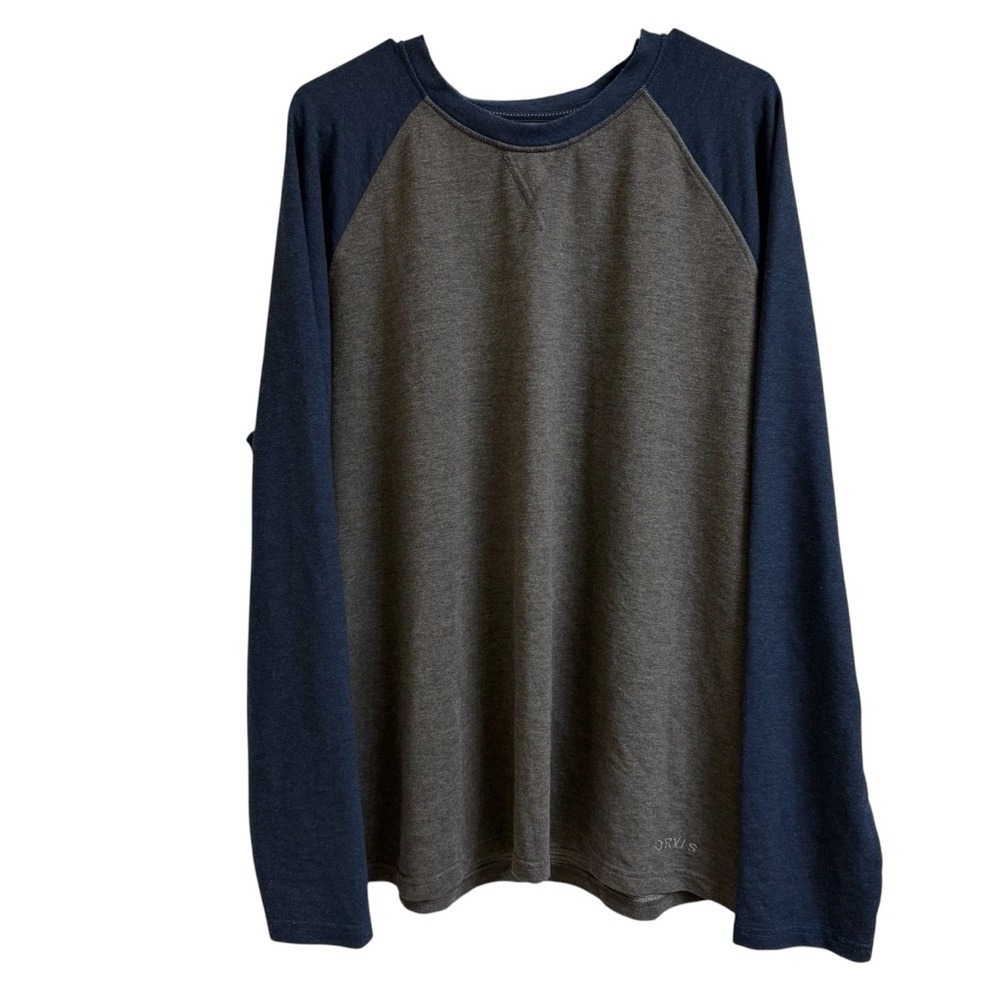 Orvis Mens Size XL Blue Gray Long Sleeve Raglan Crew Neck Shirt Embroidered Logo